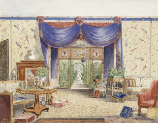 Das Innere des Chinesischen Zimmers, Blick auf das Gewächshaus, Middleton Park, Oxfordshire